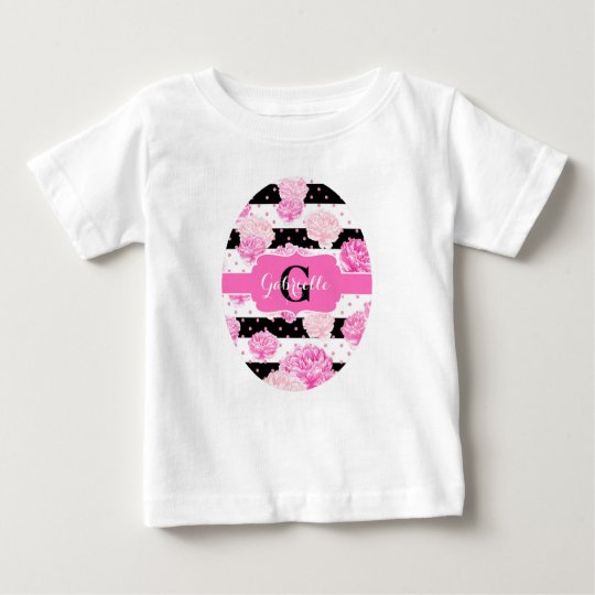 Streifen-rosa Aquarell-Pfingstrosen-Baby-Monogramm Baby T-shirt