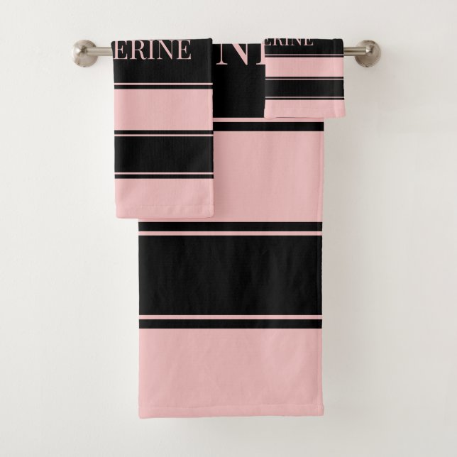 Streifen Schwarz-Rosa-Individuelle Name Badhandtuch Set (Insitu)