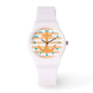 Streifen und Anker mit Aquamarinen Zahlen Trendy P Armbanduhr