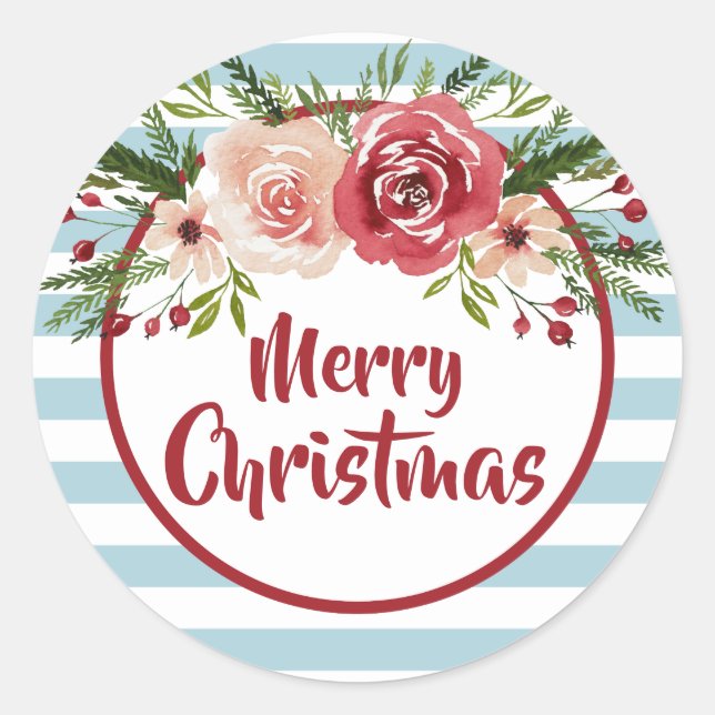 Streifen und Aquarellblumen frohe Weihnachten Runder Aufkleber (Vorderseite)