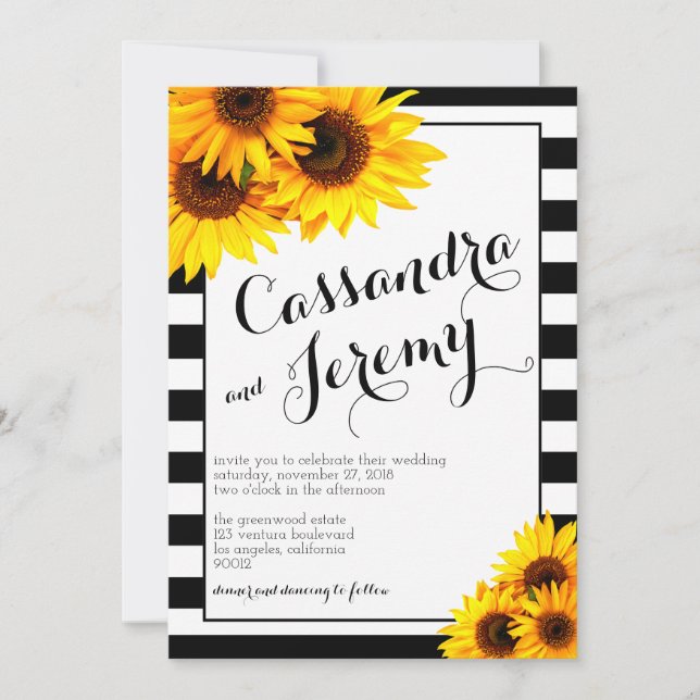 Streifen und gelbe Sonnenblumen Einladung Hochzeit (Vorderseite)
