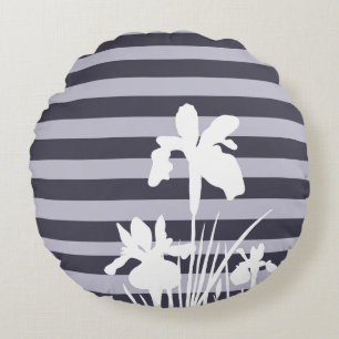 Streifen und Iris-Blume Silhouette Rundes Kissen