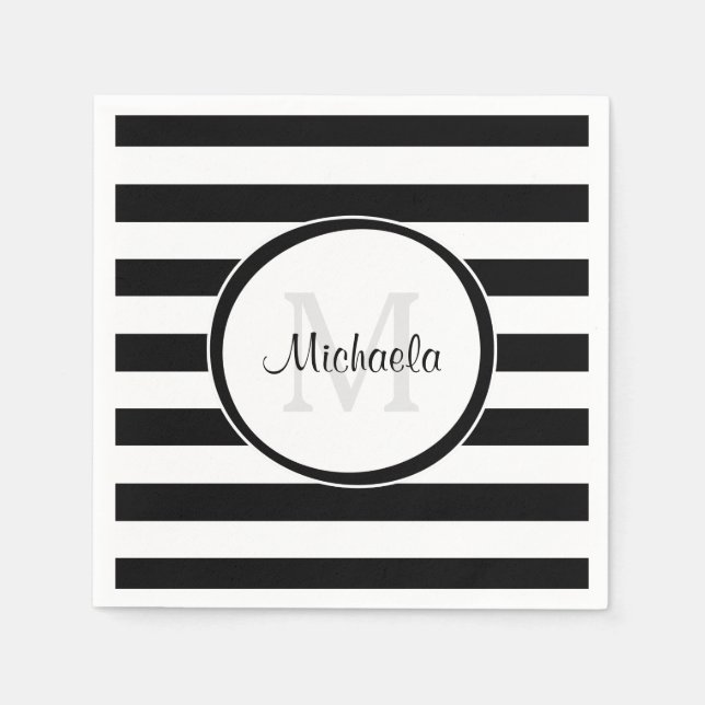 Streifen und Monogramm, grau, schwarz und weiß Serviette (Vorderseite)