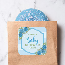 Streifen und Rose Blue Boy Baby Dusche Quadratischer Aufkleber