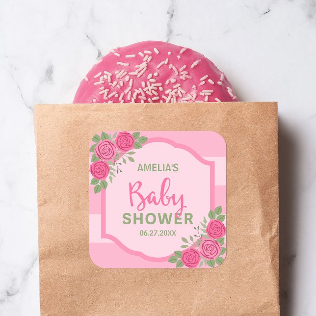 Streifen und Rose Pink Girl Babydusche Quadratischer Aufkleber (Von Creator hochgeladen)