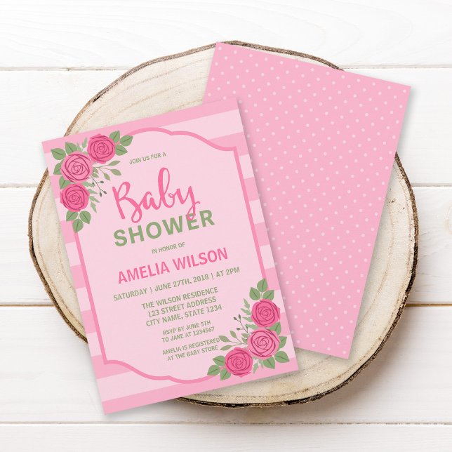 Streifen und Rose Pink Girl Dusche Einladung (Von Creator hochgeladen)