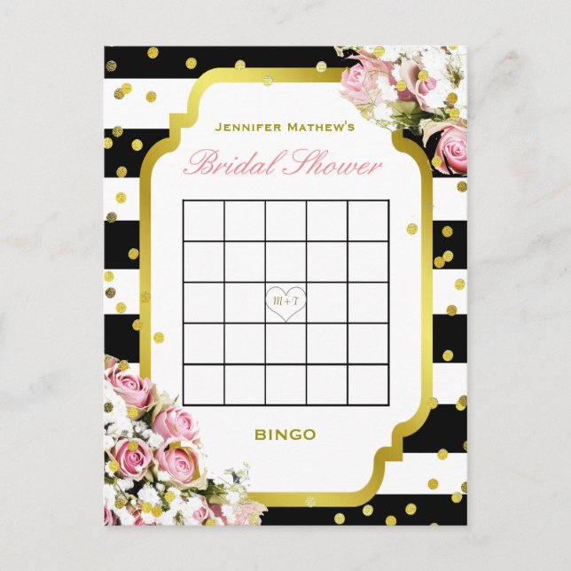 Streifen und Rosen des Brautparty-Bingo-| Einladungspostkarte (Vorderseite)