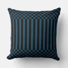 Streifen und Schachbrett in Schwarz-Blau-Kissen Kissen