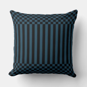 Streifen und Schachbrett in Schwarz-Blau-Kissen Kissen
