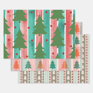Streifen- und Weihnachtsbaum-Muster Geschenkpapier Set