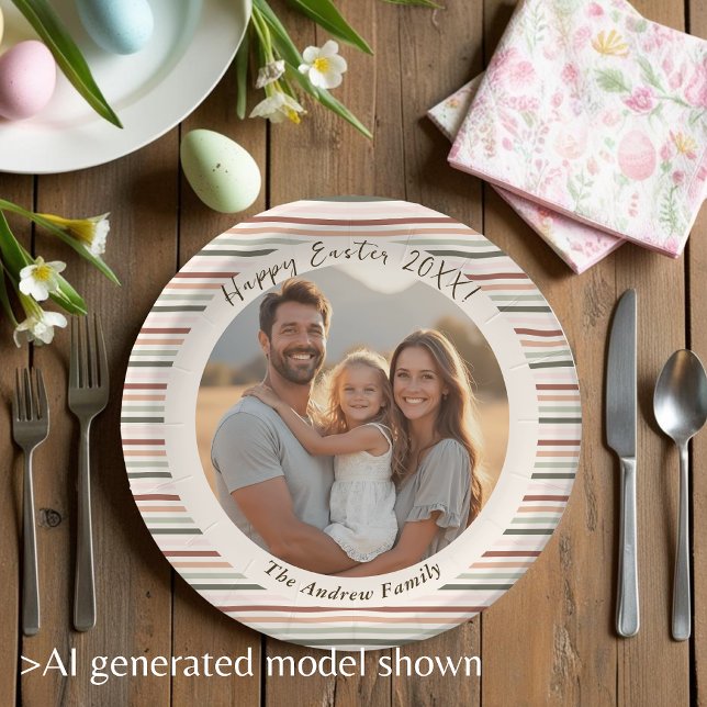 Streifenboho Ostern mit Foto und Name Pappteller (Striped Boho Easter with Photo & Name Paper Plates)