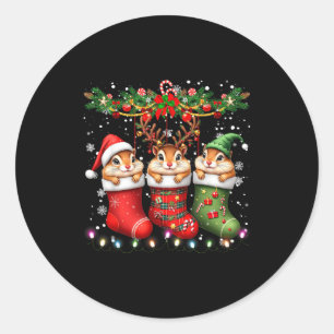 Streifenhörnchen in Weihnachts-Socken-Lichter Stre Runder Aufkleber