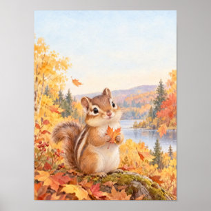 Streifenhörnchen mit Ahornblatt im Herbst – Poster