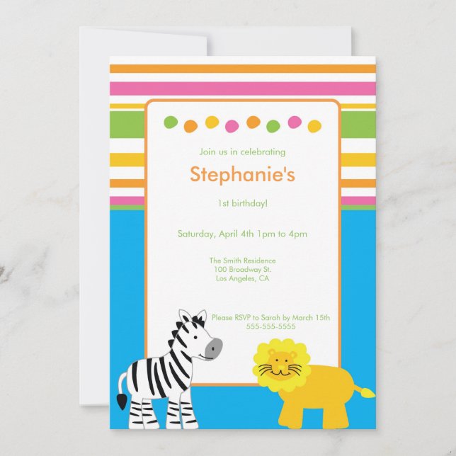 StreifenJungtiere Einladung zur Geburtstagsparty (Vorderseite)
