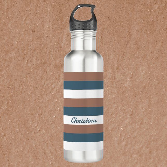 Streifenmuster braun Aquamarin Weiß personalisiere Edelstahlflasche (A water bottle with brown, teal and white stripes.  The text can be personalized!)