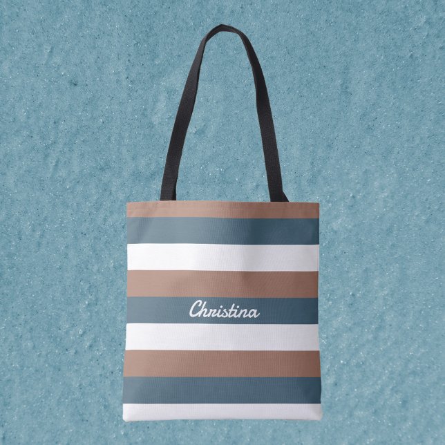 Streifenmuster personalisieren Aquamarin-braunes W Tasche (A tote bag with mocha brown, teal and white stripes!  Includes text that can be personalized!)