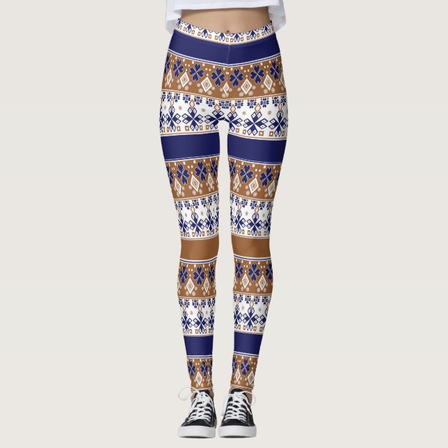 Streifenskandinavisches Muster braun blau Leggings (Vorderseite)