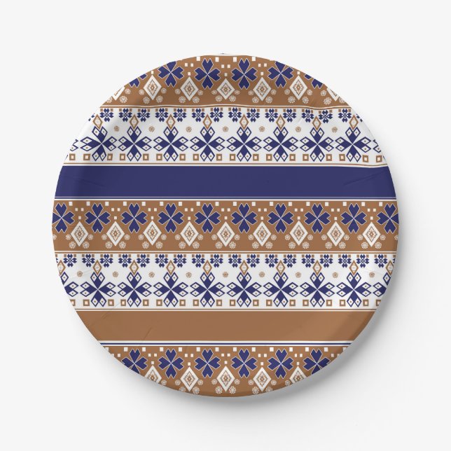 Streifenskandinavisches Muster braun blau Pappteller (Vorderseite)