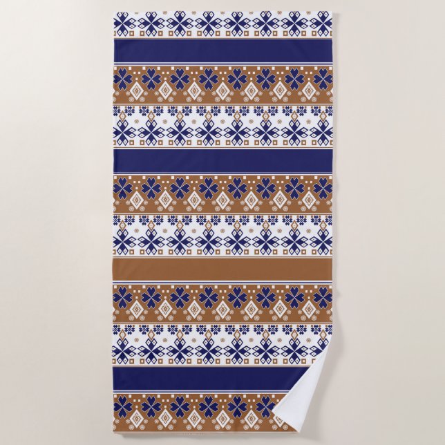 Streifenskandinavisches Muster braun blau Strandtuch (Vorderseite)