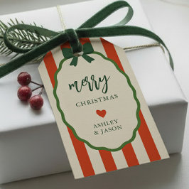 Streifiges Rot und Grün Retro Frohe Weihnachten Geschenkanhänger