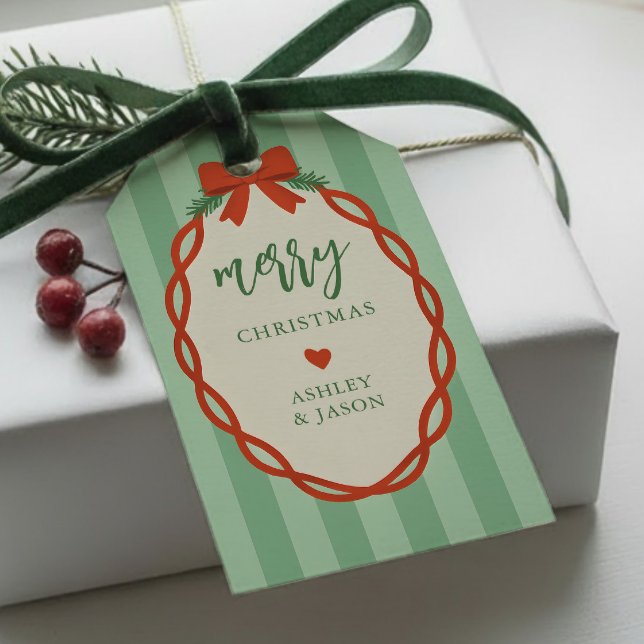Streifiges Rot und Grün Retro Frohe Weihnachten Geschenkanhänger (Von Creator hochgeladen)