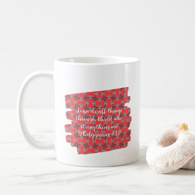 Strength Scripture Red Floral Pattern Kaffeetasse (Mit Donut)
