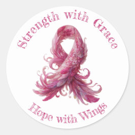 Strength with Grace – Pink Feather Breast Cancer Runder Aufkleber