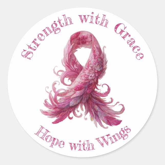 Strength with Grace – Pink Feather Breast Cancer  Runder Aufkleber (Vorderseite)