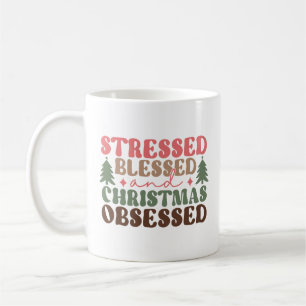 Stresst, gesegnet und Weihnachten besessen Kaffeetasse