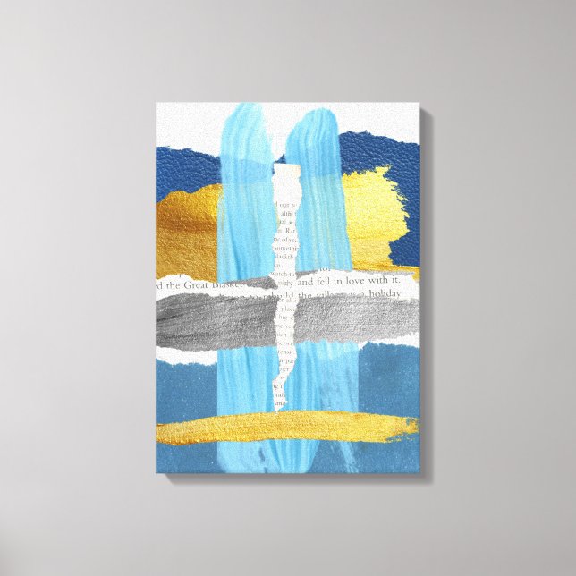 Stretched Canvas Print Blue Gold Abstrakt Collage Leinwanddruck (Vorderseite)