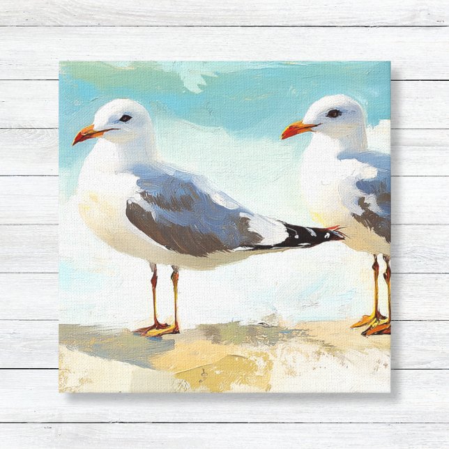 Stretched Canvas Print Leinwanddruck (Seagulls - Coastal Beach House Art - Nature Inspired Wall Canvas)