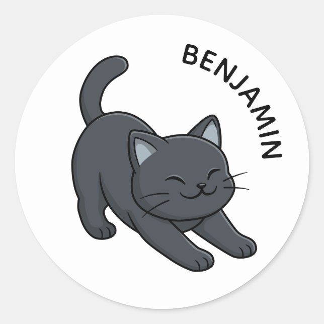 Stretching Black Cat Custom Name Runder Aufkleber (Vorderseite)