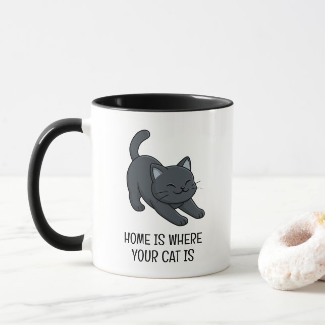 Stretching Black Cat Custom Text Tasse (Mit Donut)