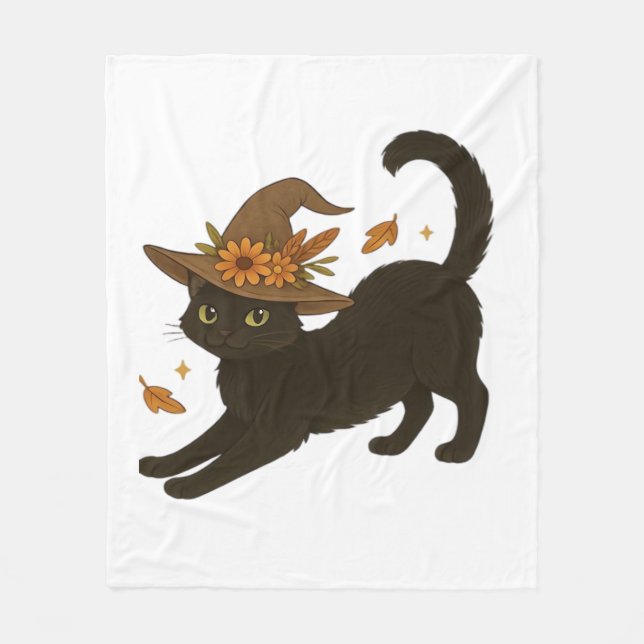 Stretching Black Cat - Witchy Autumn Classic T-Shi Fleecedecke (Vorderseite)