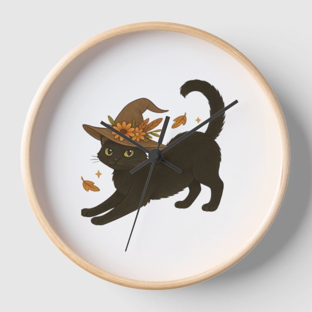 Stretching Black Cat - Witchy Autumn Classic T-Shi Uhr (Vorderseite)
