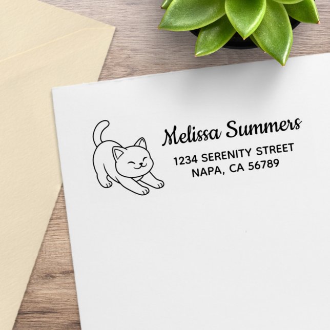 Stretching White Cat Return Address Gummistempel (Von Creator hochgeladen)