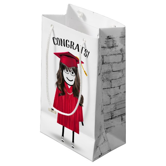 Strichfigur-Mädchen-Absolvent mit Red Cap und Dipl Kleine Geschenktüte (Vorderseite Schrägansicht)