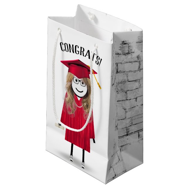 Strichfigur-Mädchen-Absolvent mit Red Cap und Dipl Kleine Geschenktüte (Vorderseite Schrägansicht)