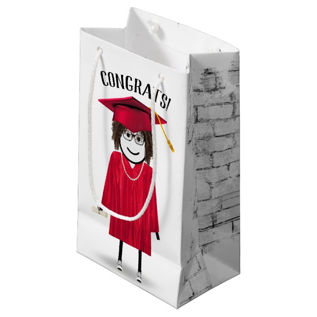 Strichfigur-Mädchen-Absolvent mit Red Cap und Dipl Kleine Geschenktüte (Vorderseite Schrägansicht)