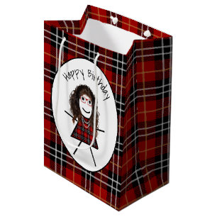 Strichfigur-Mädchen am Geburtstag auf Tartan Karie Mittlere Geschenktüte