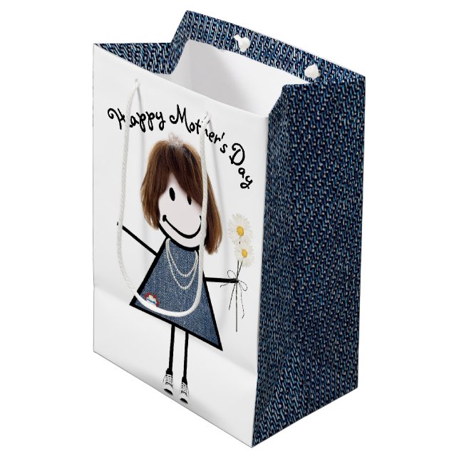 Strichfigur-Mädchen der Mutter mit den Daisies Mittlere Geschenktüte (Vorderseite Schrägansicht)