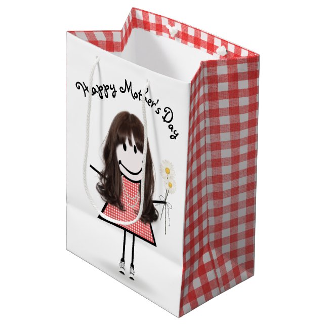 Strichfigur-Mädchen der Mutter mit den Daisies Mittlere Geschenktüte (Vorderseite Schrägansicht)