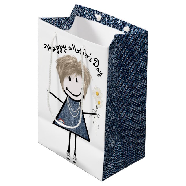 Strichfigur-Mädchen der Mutter mit den Daisies Mittlere Geschenktüte (Vorderseite Schrägansicht)