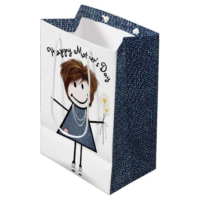 Strichfigur-Mädchen der Mutter mit den Daisies Mittlere Geschenktüte (Vorderseite Schrägansicht)