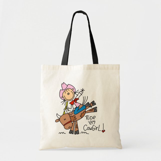 Strichfigur-Mädchen-Fahrem-Cowgirl-T-Shirts und Tragetasche (Vorne)