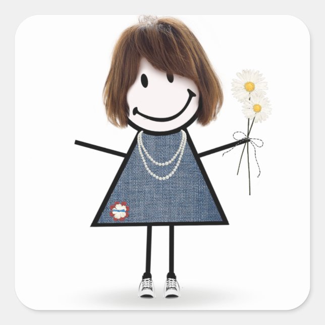 Strichfigur-Mädchen in Blue Jean Dress Quadratischer Aufkleber (Vorderseite)
