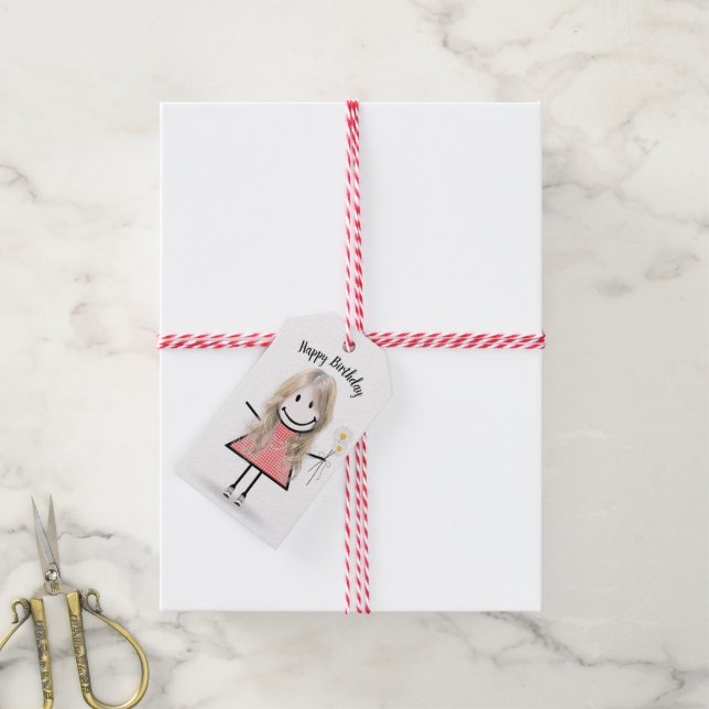 Strichfigur-Mädchen in Gingham Dress Geschenkanhänger (Mit Garn)