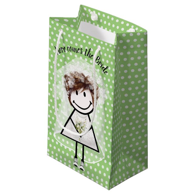 Strichfigur-Mädchen in Sneakers auf Polka-Punkten Kleine Geschenktüte (Vorderseite Schrägansicht)
