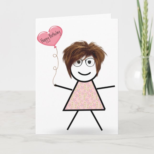 Strichfigur-Mädchen mit Birthday Herzballon Karte (Vorderseite)