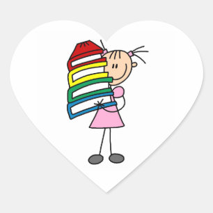 Strichfigur-Mädchen mit Büchern Herz-Aufkleber